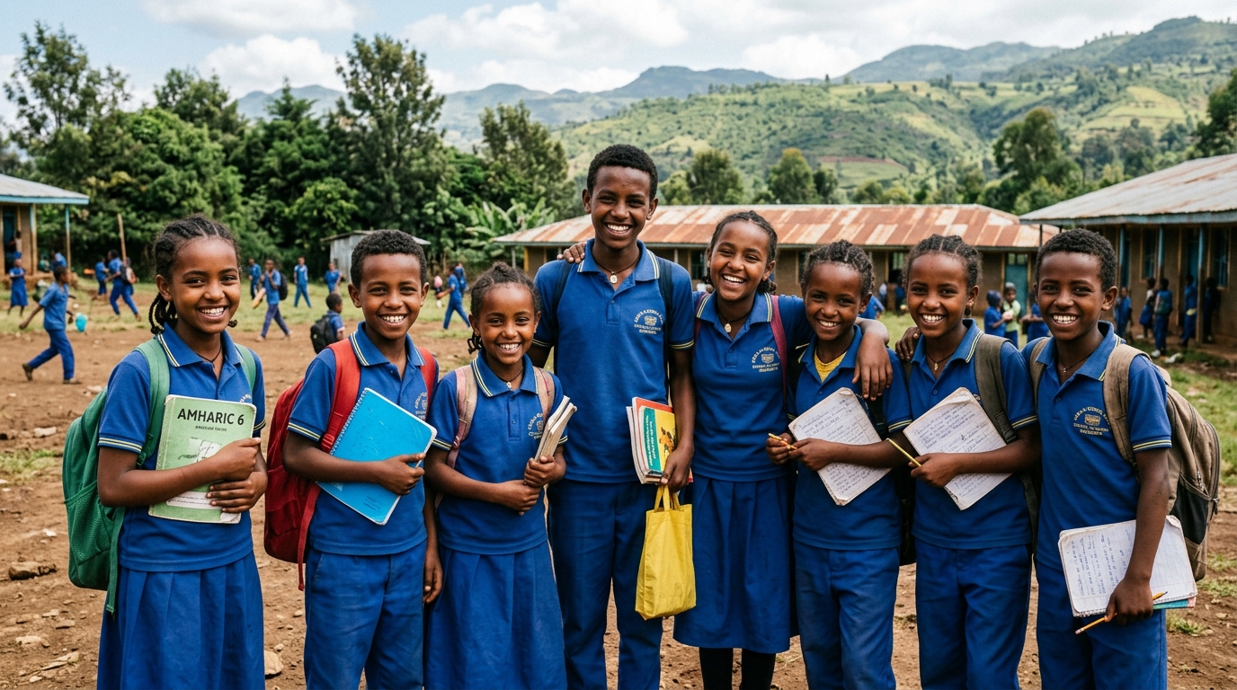 Volunteers distributing school supplies to students